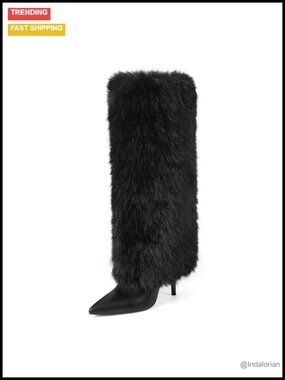 Women's Faux Fur Wide Calf Knee High Heeled Boots Pointed Toe